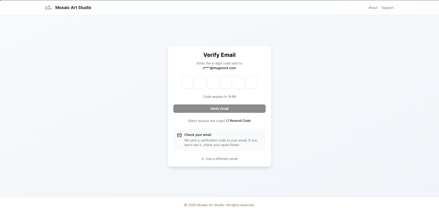 Email verification screen with code input